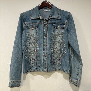 Mango Denim Embellished Jean Jacket Button Up Embroidered Size Medium Vintage